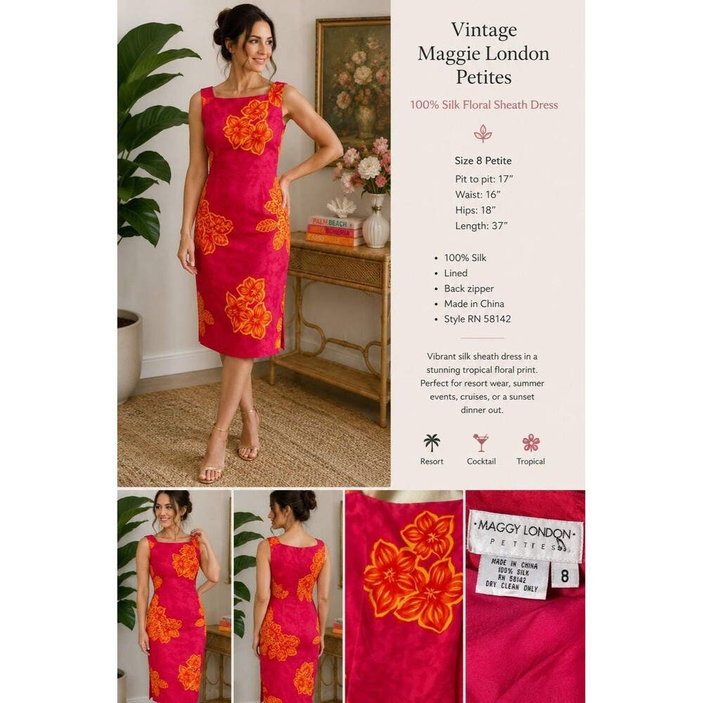 Vintage Y2K Maggie London Petites Size 8 100% Silk, Fully Lined, Tropical Floral